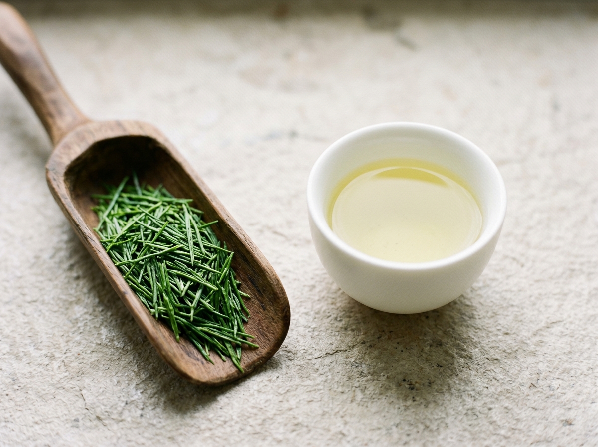 Sencha-Blätter in einem Holzlöffel neben einer Schale hellgrünem Tee